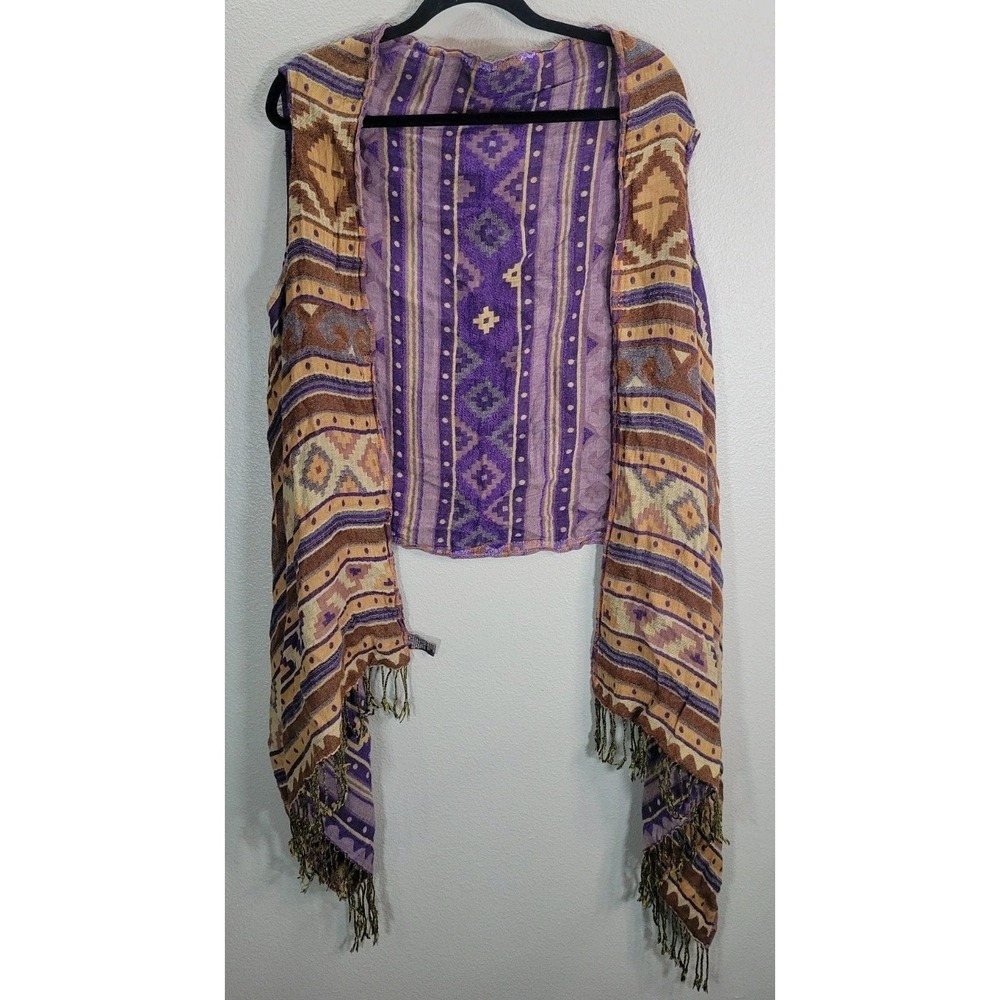 Raj Boho Rayon Scarf Vest One Size Purple Brown Fringe Open Drape Layering Piece
